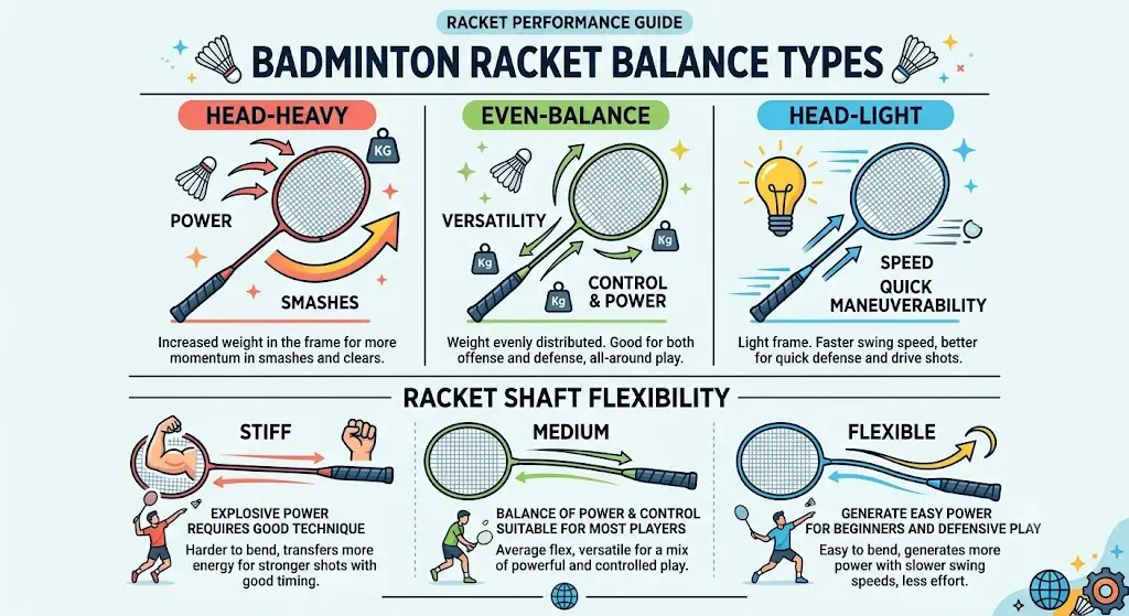 Infographic explaining badminton racket balance types (Head-Heavy, Even-Balance, Head-Light) and shaft flexibility (Stiff, Medium, Flexible).