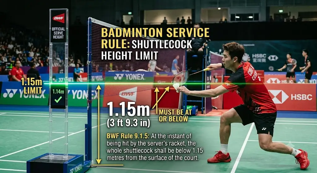 Infographic showing a badminton player serving, with a diagram and text illustrating the maximum allowable shuttlecock height of 1.15m from the court surface according to BWF rule 9.1.5.