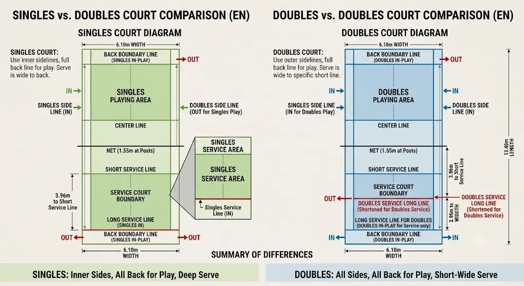 A 2D comparative diagram of a badminton court illustrating the boundaries and service lines for singles (green, inner side lines) versus doubles (blue, outer side lines).