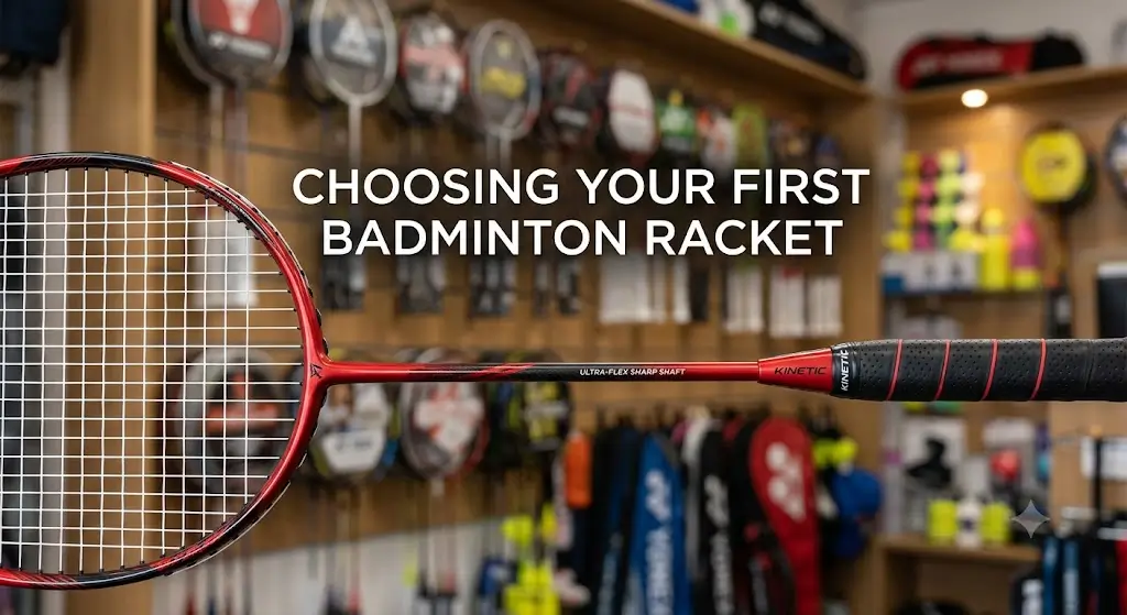 A red and black badminton racket held in a sports shop.
