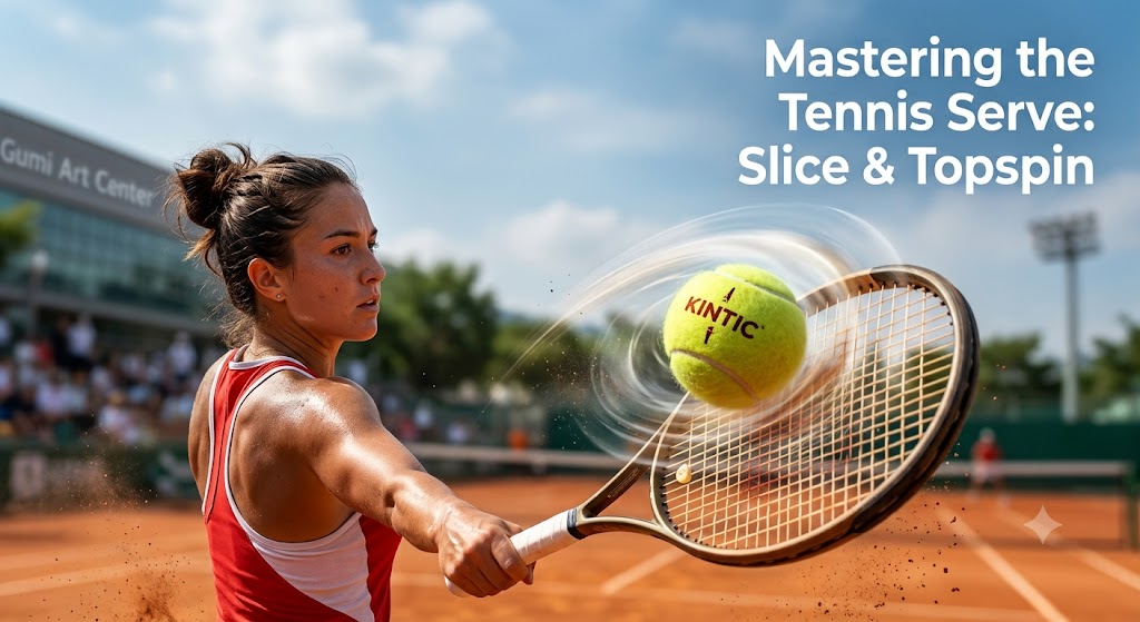 Close-up of a tennis player hitting a ball with spin effect on a clay court.