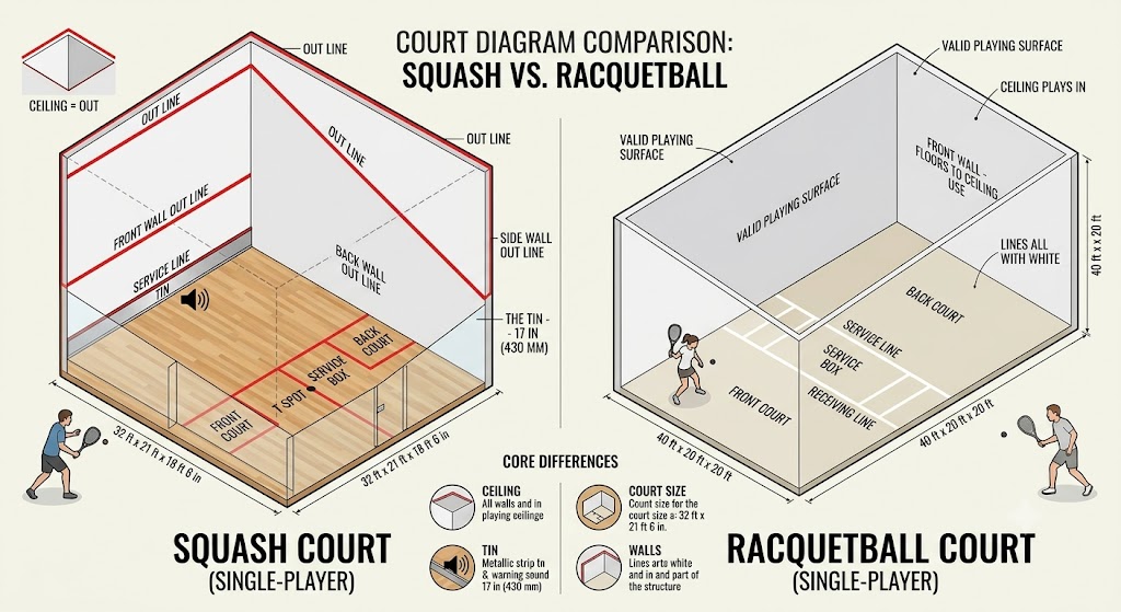 A 3D diagram comparing the dimensions and unique rules of a squash court and a racquetball court, highlighting features like the squash 'tin' and the racquetball playable ceiling.
