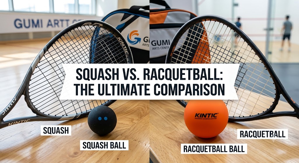 A close-up side-by-side comparison of a squash racket and ball next to a racquetball racket and ball on a wooden court surface.