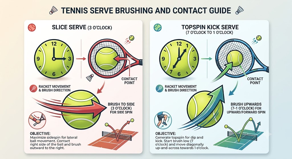 Infographic comparing tennis slice serve (brushing at 3 o'clock) and topspin kick serve (brushing from 7 to 1 o'clock) using a clock face concept.